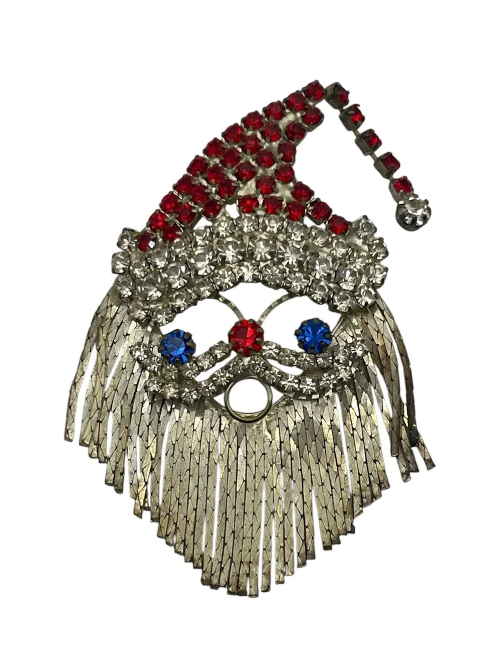 Santa Claus Christmas articulated fringe chain beard rhinestone brooch pin